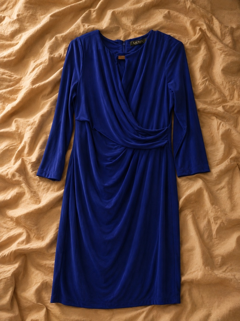 Lauren Ralph Lauren Royal Blue Long-Sleeve Draped Faux-Wrap Dress